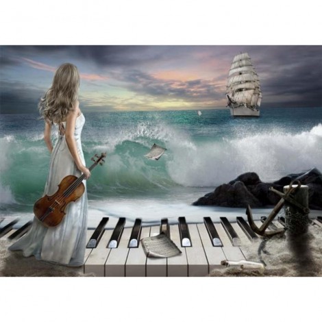 Blue Sea Piano and Beauty Women Diamond Painting Kit